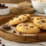 Imagen realista de crumbl cookies recién horneadas sobre un plato rústico, mostrando texturas y toppings de chocolate.