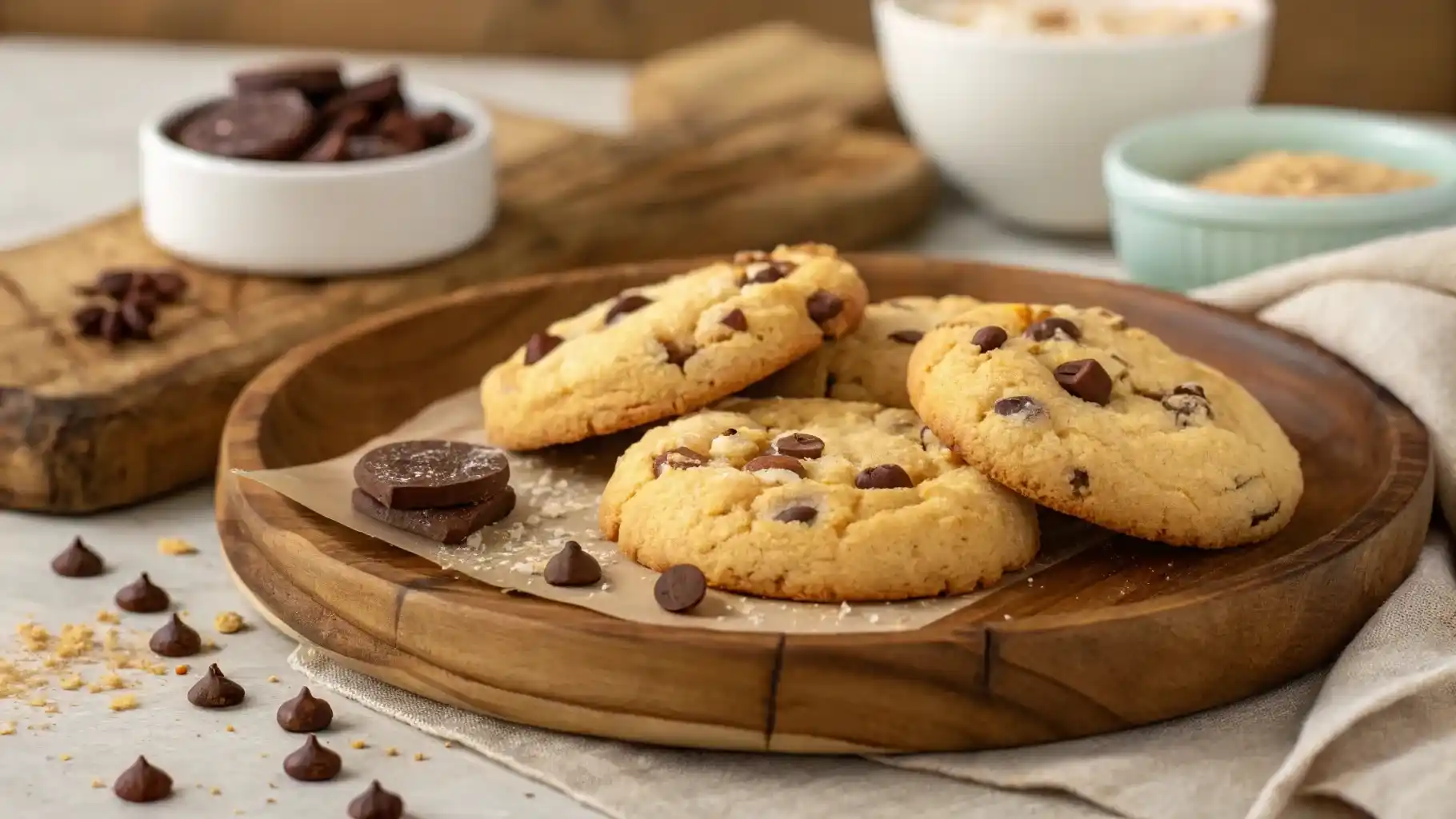 Imagen realista de crumbl cookies recién horneadas sobre un plato rústico, mostrando texturas y toppings de chocolate.