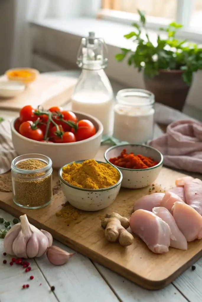 Mesa rústica con ingredientes frescos listos para preparar un reconfortante pollo al curry.
