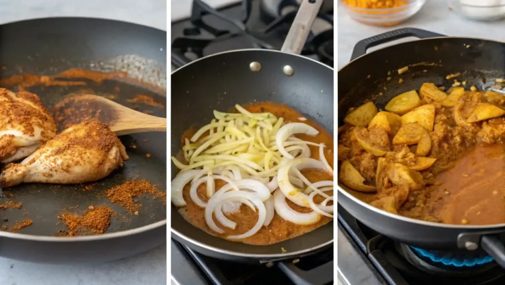 Collage de pasos para cocinar pollo al curry: dorado del pollo, sofrito y cocción de la salsa.