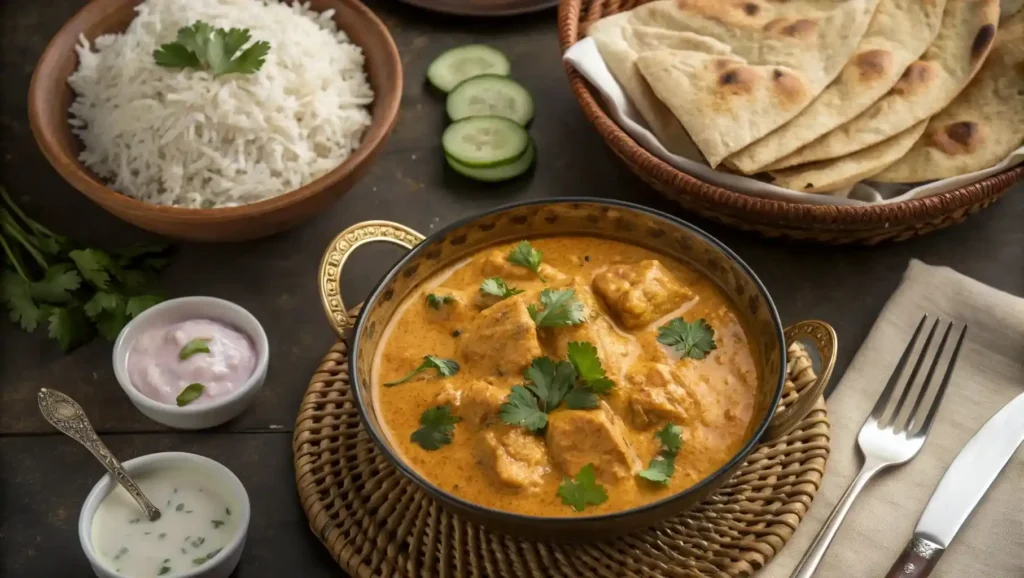 Pollo al curry servido con arroz basmati, pan naan y ensalada de yogur.