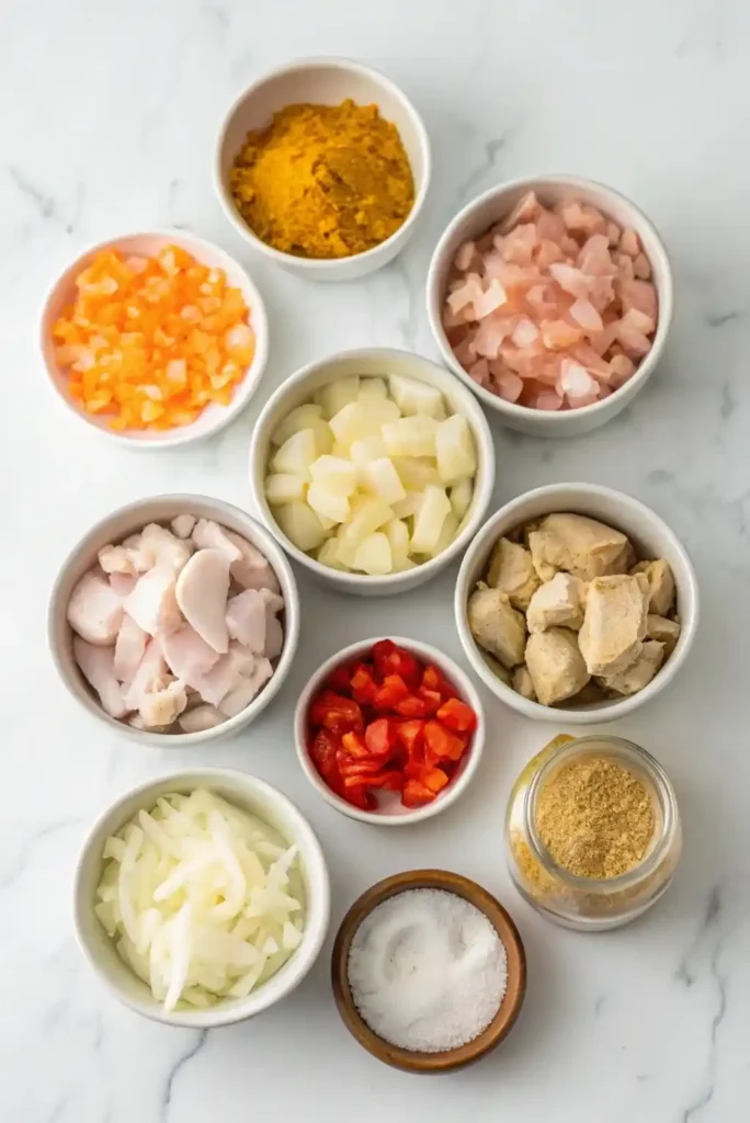 Vista superior de todos los ingredientes organizados para hacer un delicioso pollo al curry.