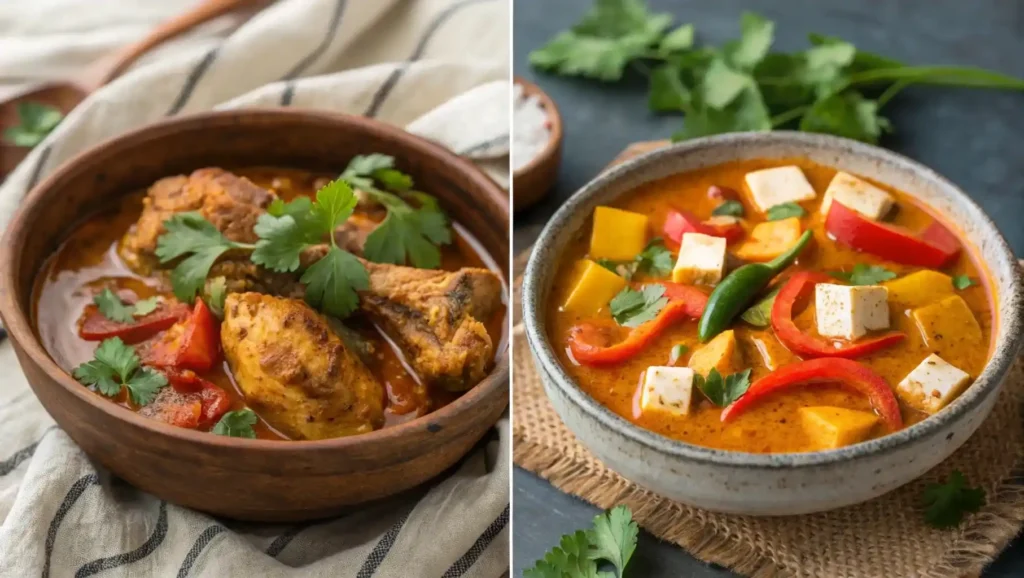 Dos versiones de curry: uno clásico con pollo y otro vegetariano con tofu y vegetales.