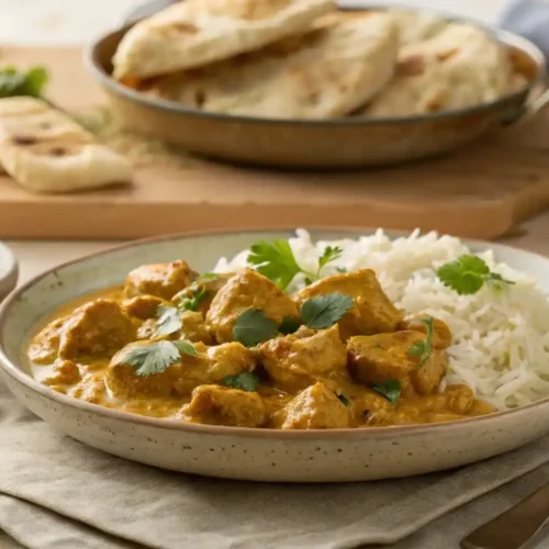 Plato rústico de pollo al curry servido con arroz basmati, pan naan y ensalada fresca.