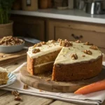 Pastel de zanahoria casero con glaseado y nueces sobre soporte rústico