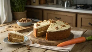 Pastel de zanahoria casero con glaseado y nueces sobre soporte rústico