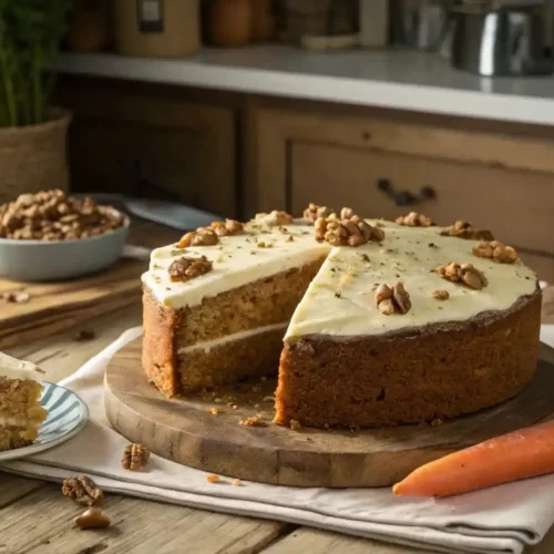 Pastel de zanahoria casero con glaseado y nueces sobre soporte rústico