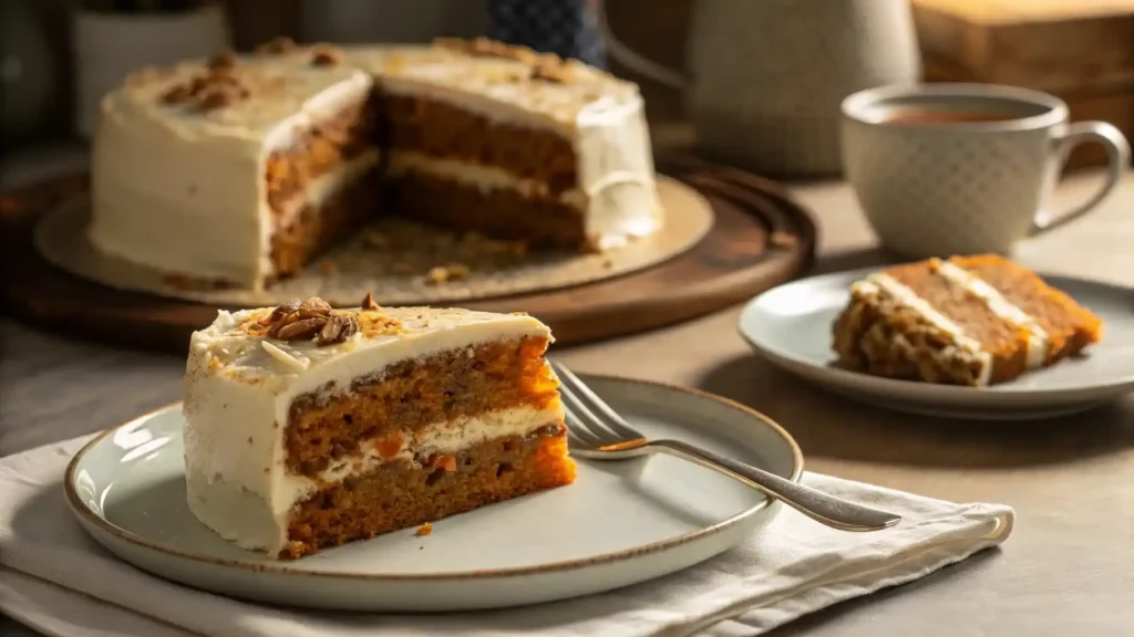 Rebanada de carrot cake jugoso con glaseado cremoso sobre plato