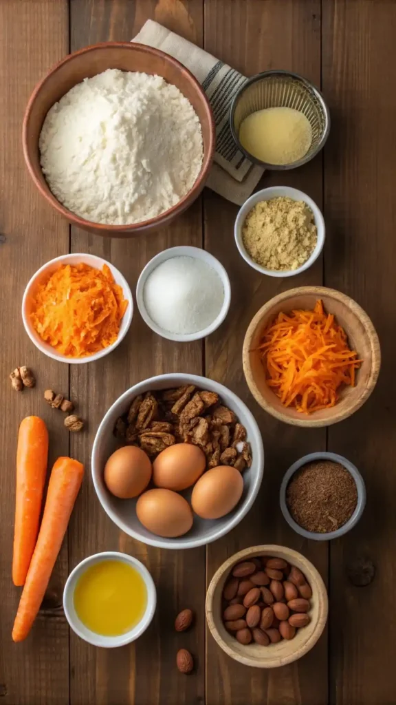 Ingredientes naturales organizados para hacer un carrot cake casero