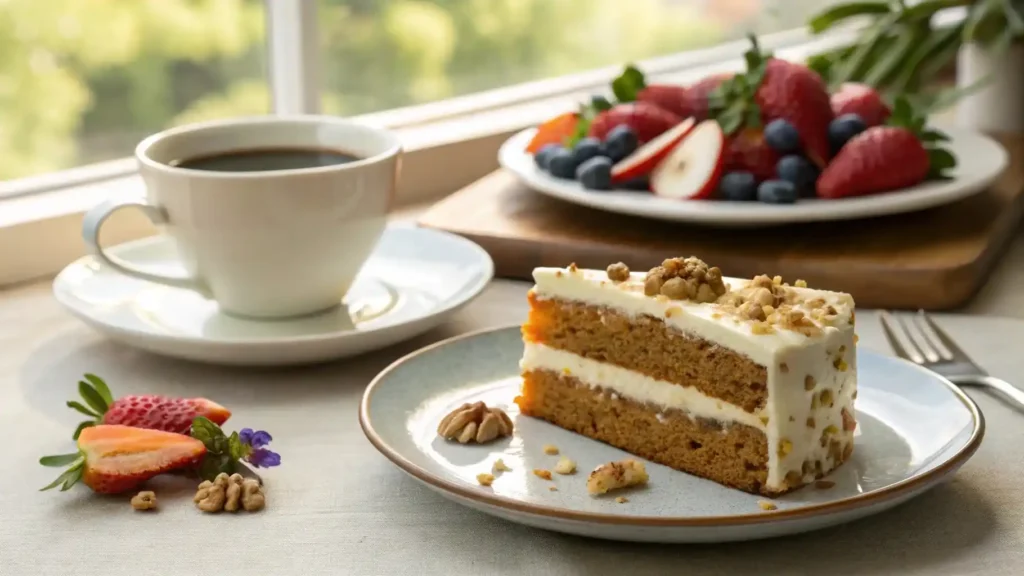 Carrot cake servido con café y frutas frescas