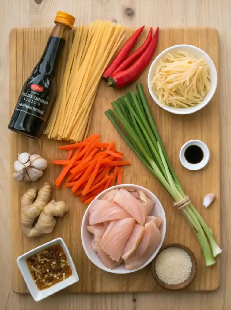 Ingredientes frescos para noodles con pollo listos para cocinar