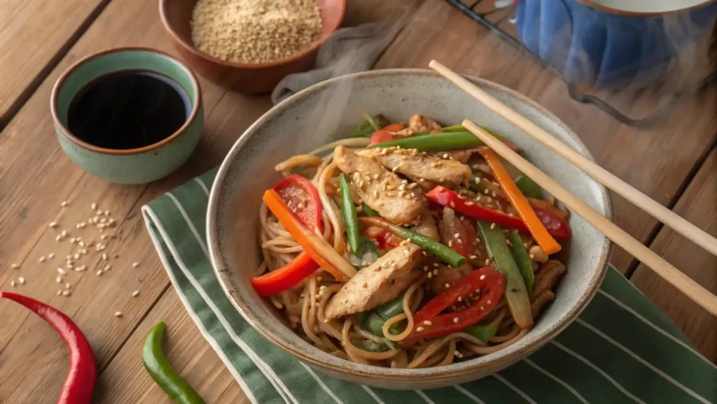 Plato de noodles con pollo y vegetales salteados estilo asiático