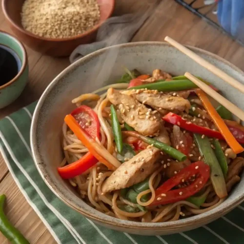 Plato de noodles con pollo y vegetales salteados estilo asiático