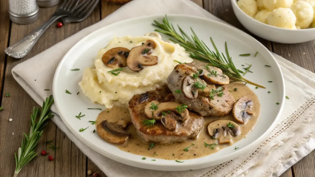 Solomillo en salsa de champiñones con salsa cremosa y guarnición de puré de patatas sobre un plato blanco
