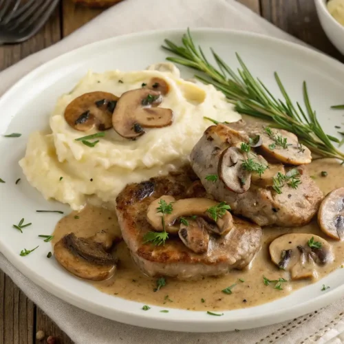 Solomillo en salsa de champiñones con salsa cremosa y guarnición de puré de patatas sobre un plato blanco
