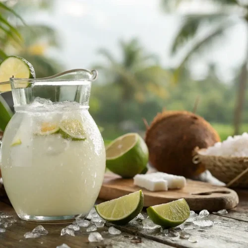 Una jarra de limonada de coco cremosa con rodajas de limón, hielo y coco rallado sobre una mesa rústica