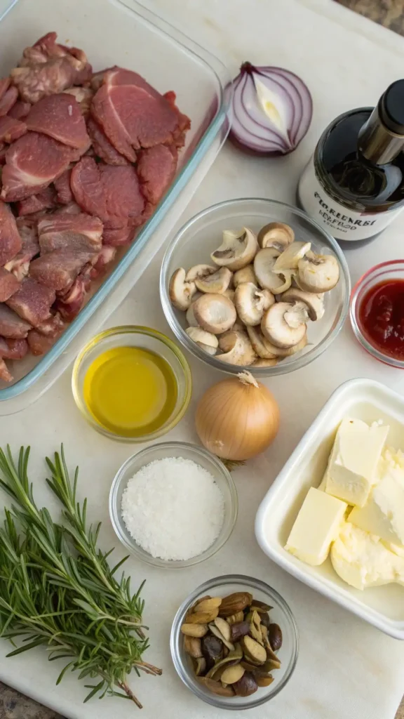 Ingredientes organizados para hacer solomillo en salsa