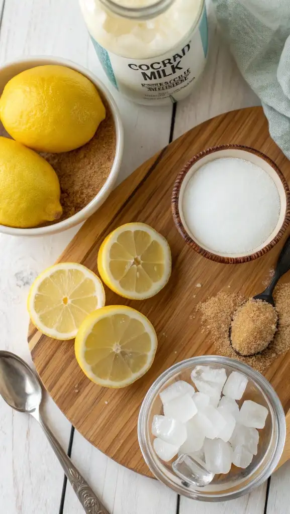 Ingredientes medidos y ordenados sobre una tabla de madera para limonada de coco
