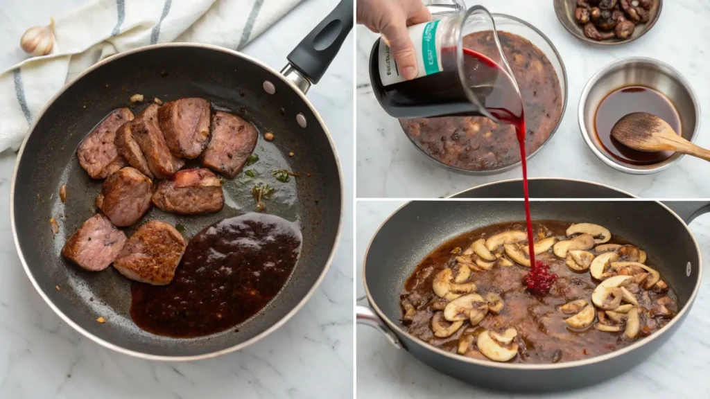 Proceso paso a paso para cocinar solomillo en salsa de champiñones