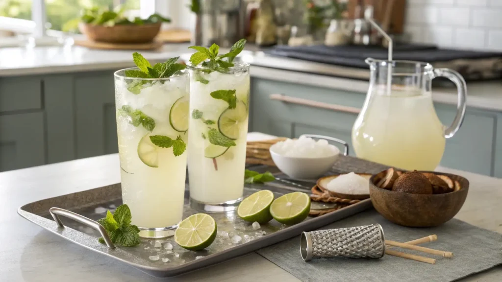Vasos altos de limonada de coco con decoración tropical sobre una bandeja elegante
