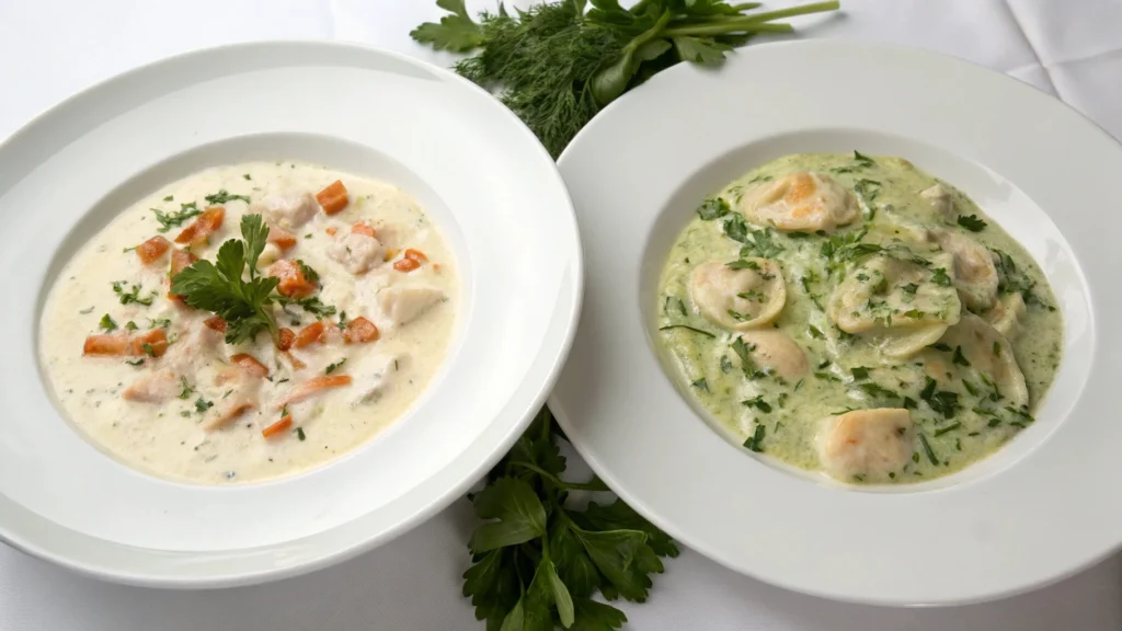 Dos platos de pollo al cilantro: uno cremoso y otro más ligero