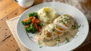 Pechuga de pollo jugosa en salsa cremosa con guarnición de vegetales y puré