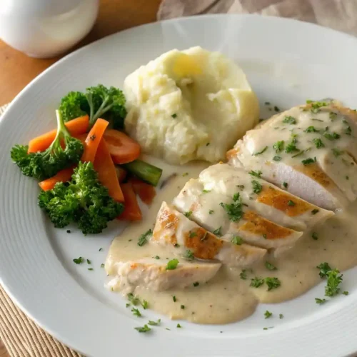 Pechuga de pollo jugosa en salsa cremosa con guarnición de vegetales y puré