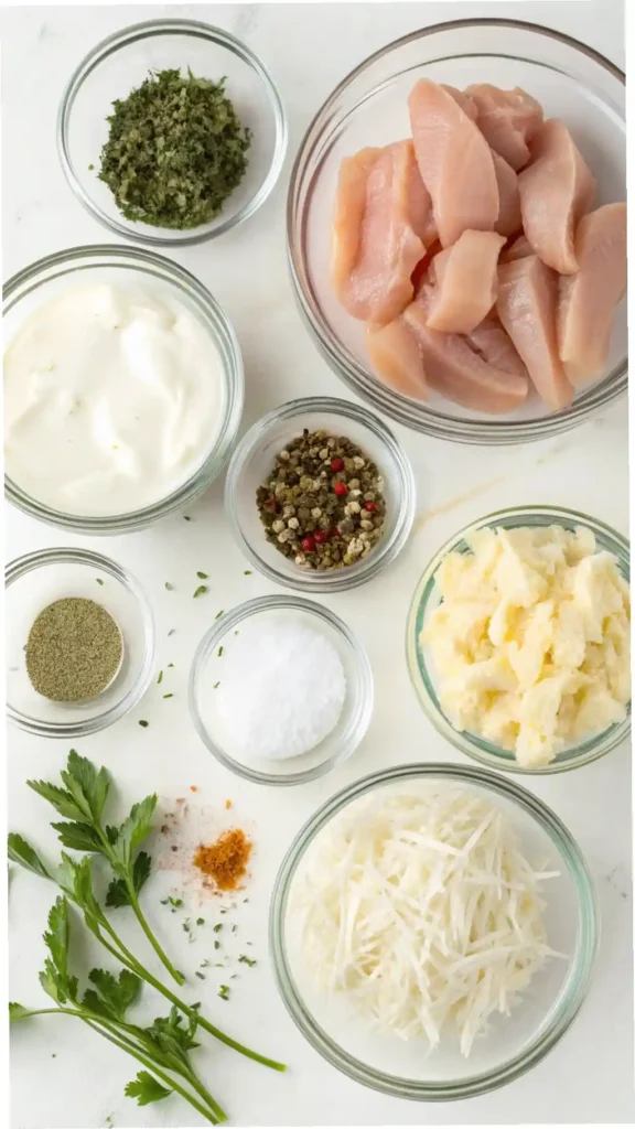 Ingredientes medidos y listos para preparar la receta de pollo cremoso