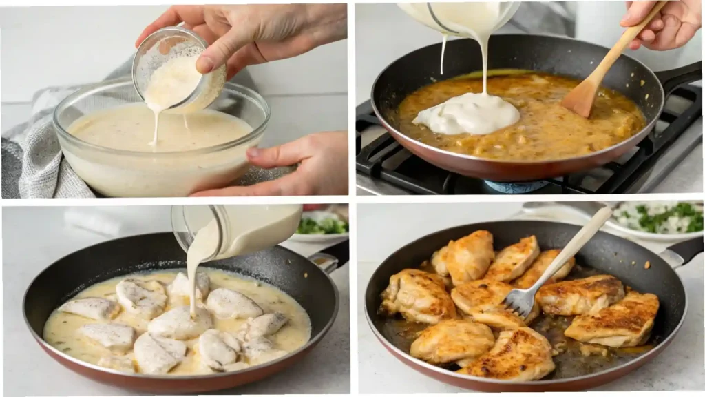 Pasos visuales para preparar pechuga de pollo con salsa cremosa